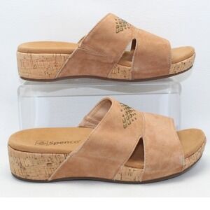 Spenco Womens Tan Suede Studded Cork Wedge Orthotic Slide Sandals Size 7D